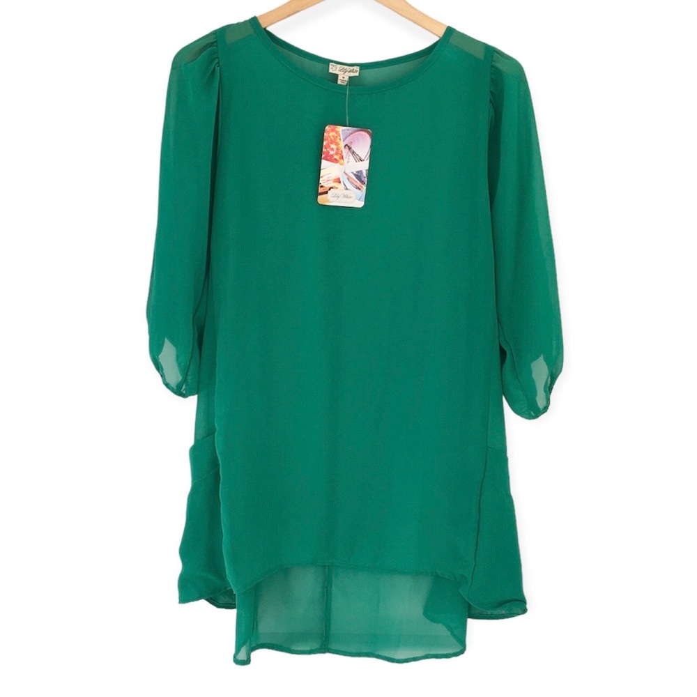 Lily White Sheer Hi Lo Pull Over Tunic NWT Kelly Green | M
